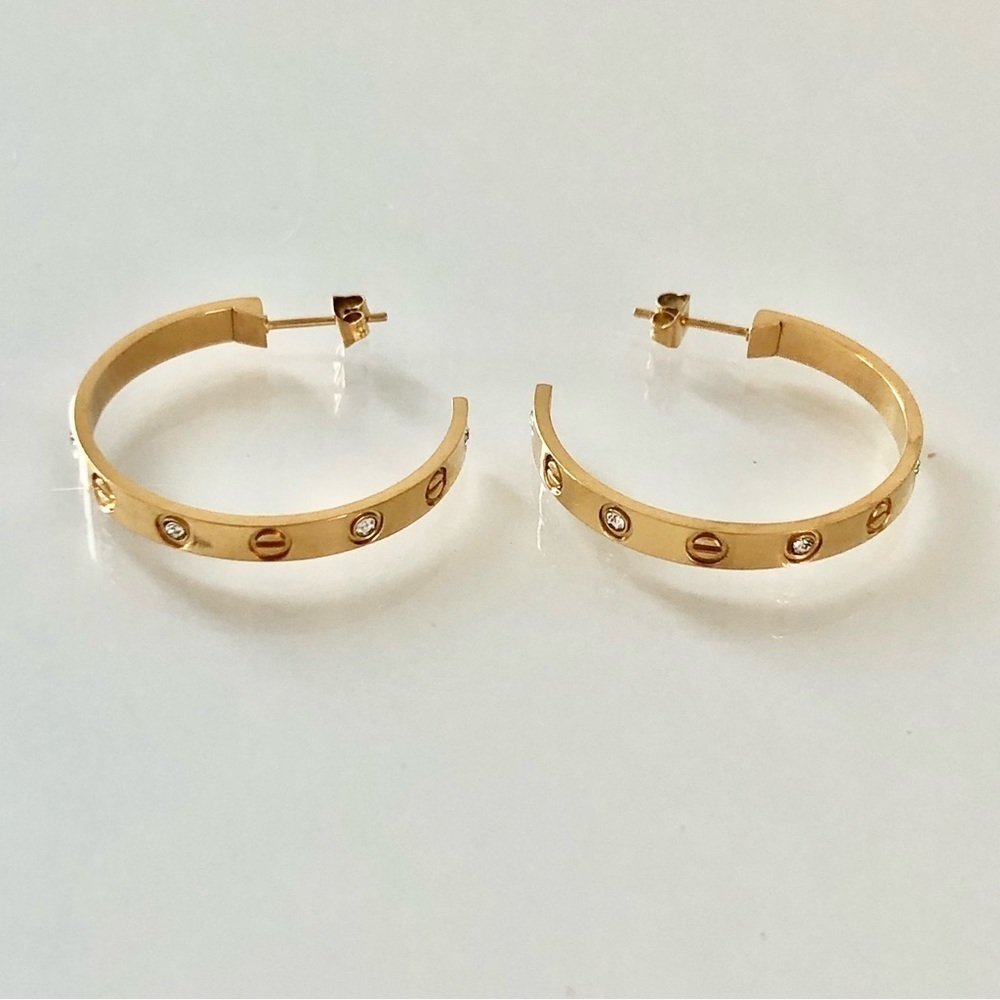 Gold Screw Earrings Zirconia Hoops - Picture 12 of 17